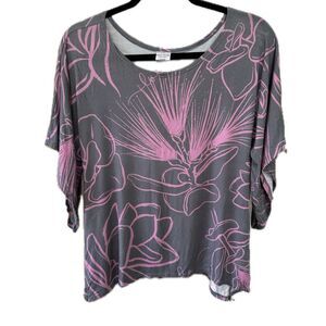 Simply Sisters Lola Hawaiian Liko Lehua Blossoms Floral Shark Bite Hem Blouse S